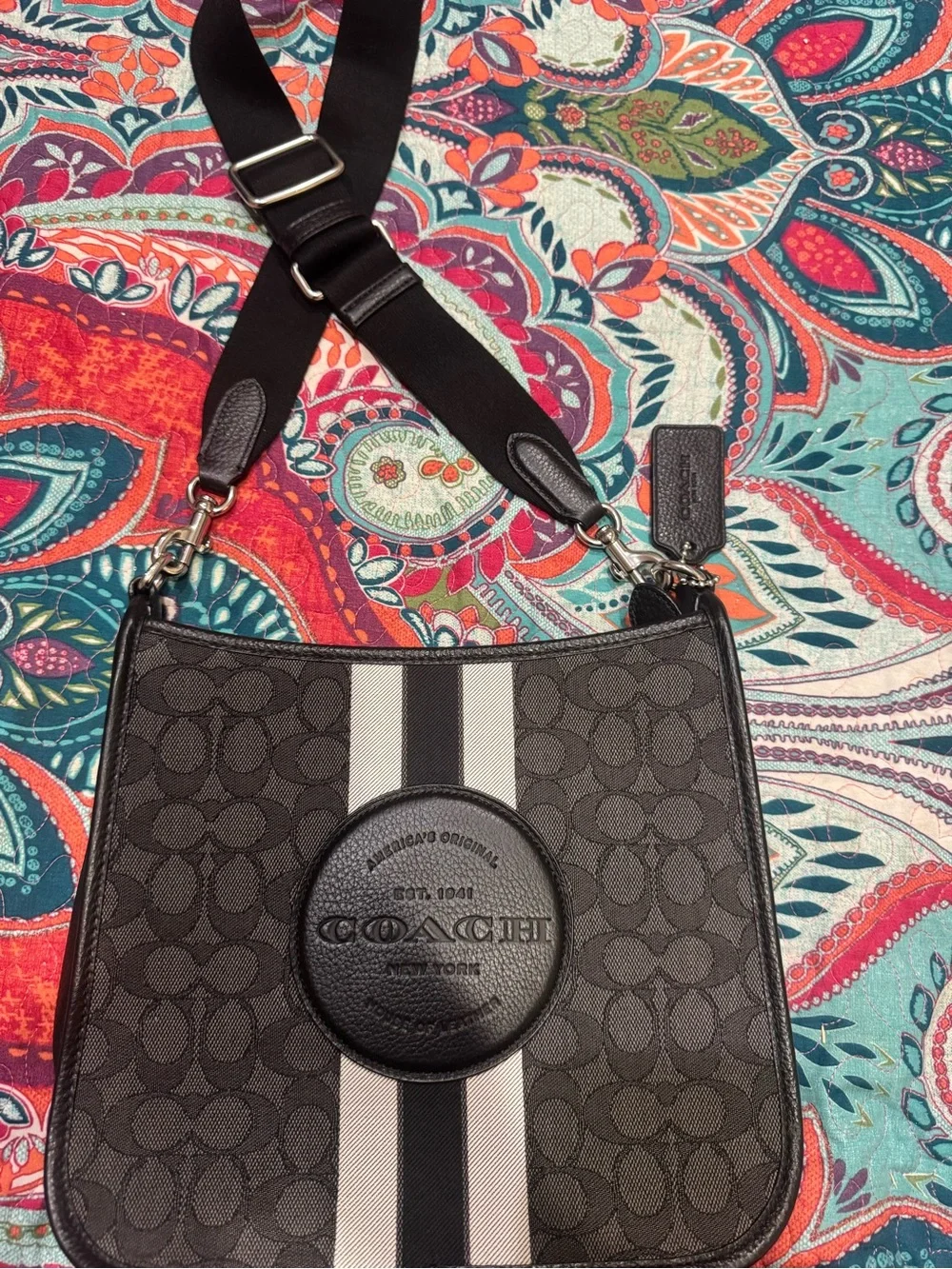 Coach Black Signature Canvas Messenger Bag with White and Gray Stripe